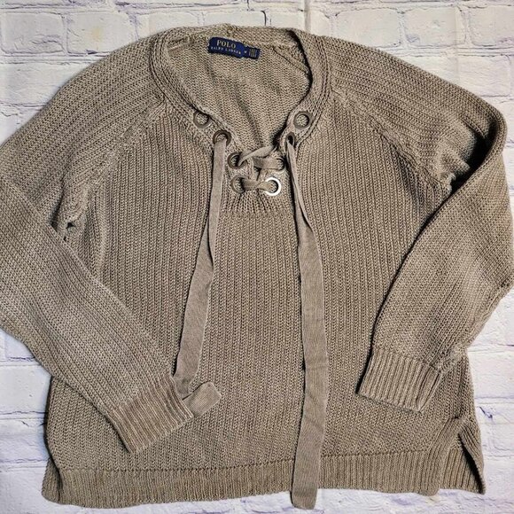 Polo‎ Ralph Lauren Women's Taupe Lace Up Sweater Size Medium - Picture 1 of 2